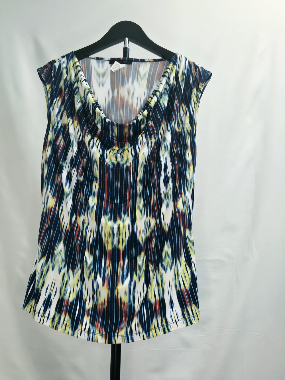 Cowl-Neck Sleeveless Tank in Navy Multicolor Print